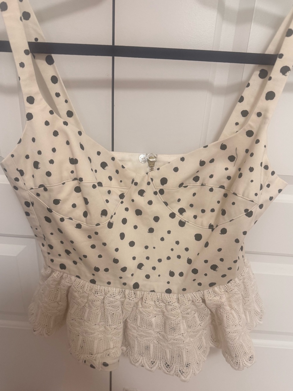 Silvia Tcherassi Cream and Black Polka Dot Camisole with Lace Peplum